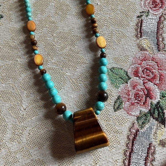 BLUE TURQUOISE TIGER EYE HAND MADE NECKLACE - Picture 5 of 11